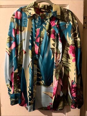 Fashion Nova Tropical Floral Button-Up Pantsuit in Teal, Pink, Olive 2 pc set